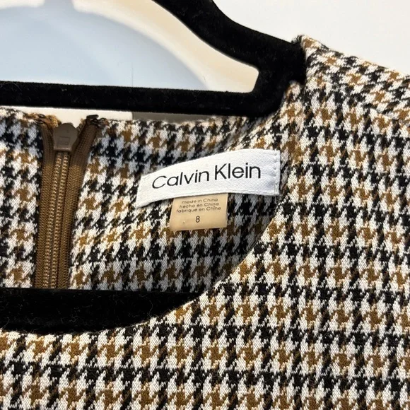 Calvin Klein 8 Elegant brown beige and White Houndstooth Dress - Picture 2 of 5